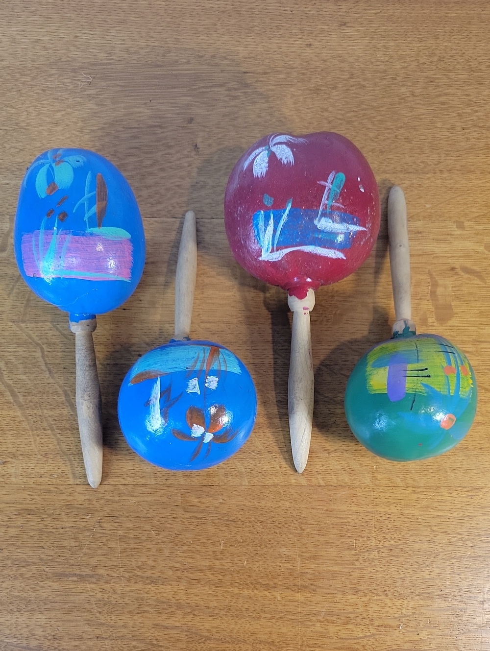 Hand-Painted Wooden Maracas Set Of 4 - 2 Blue, 1 Red, 1 Green